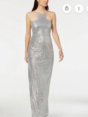 Adrianna Papell Elegant Silver Sequin Long Dress